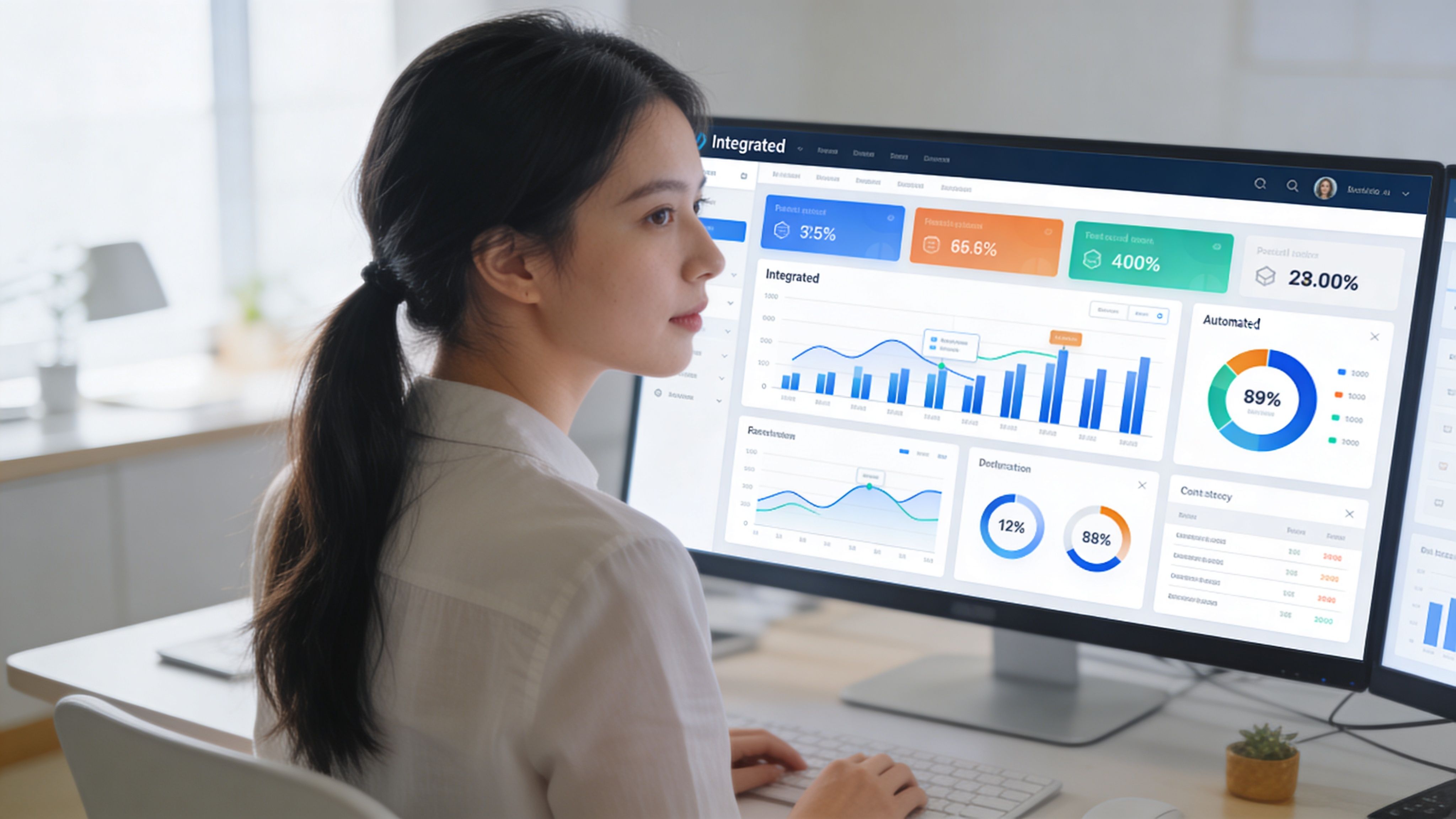 Una mujer joven trabajando frente a una computadora mostrando un panel de control con gráficos y métricas digitales.