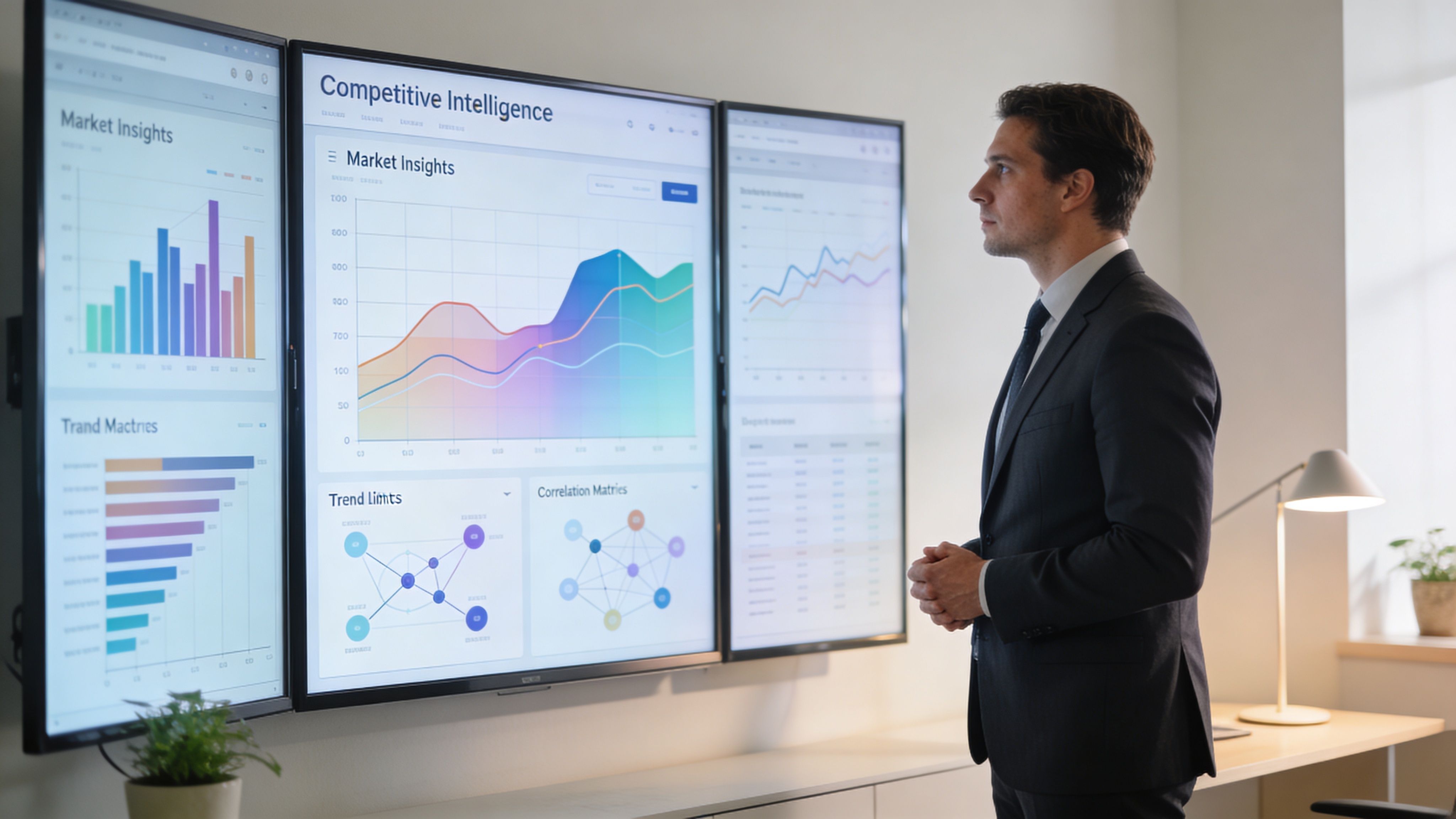 Un ejecutivo en traje analiza gráficos de inteligencia competitiva y métricas de mercado en monitores digitales grandes.