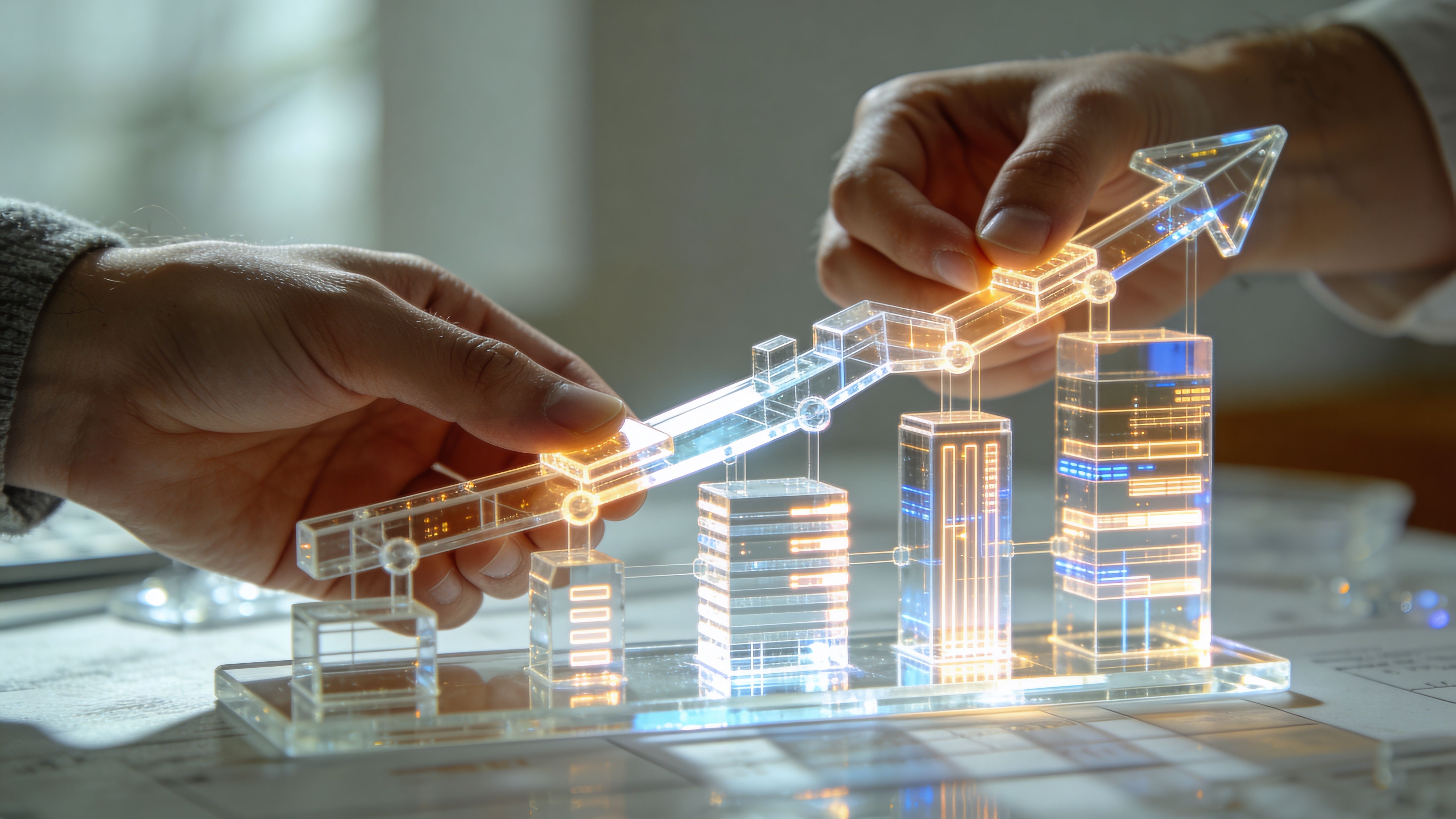 Dos personas ajustan un modelo 3D brillante y futurista que representa el crecimiento empresarial mediante edificios iluminados.