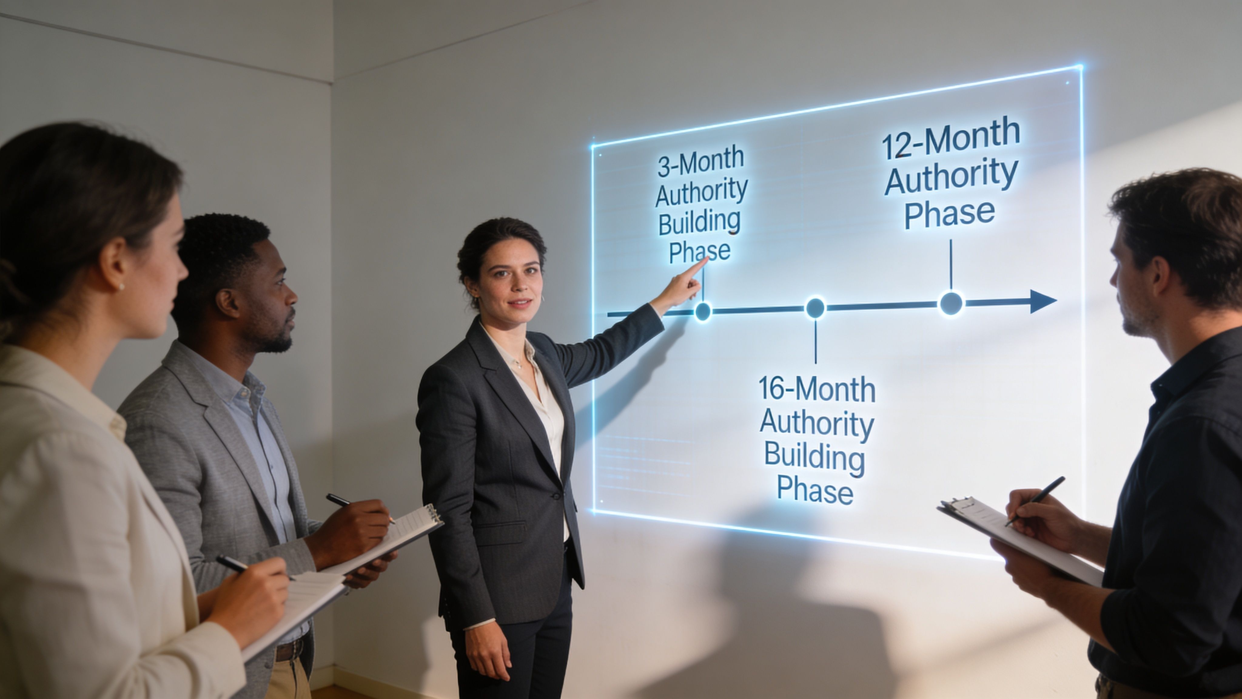 Una mujer de negocios presenta fases estratégicas de construcción de autoridad ante un equipo en oficina
