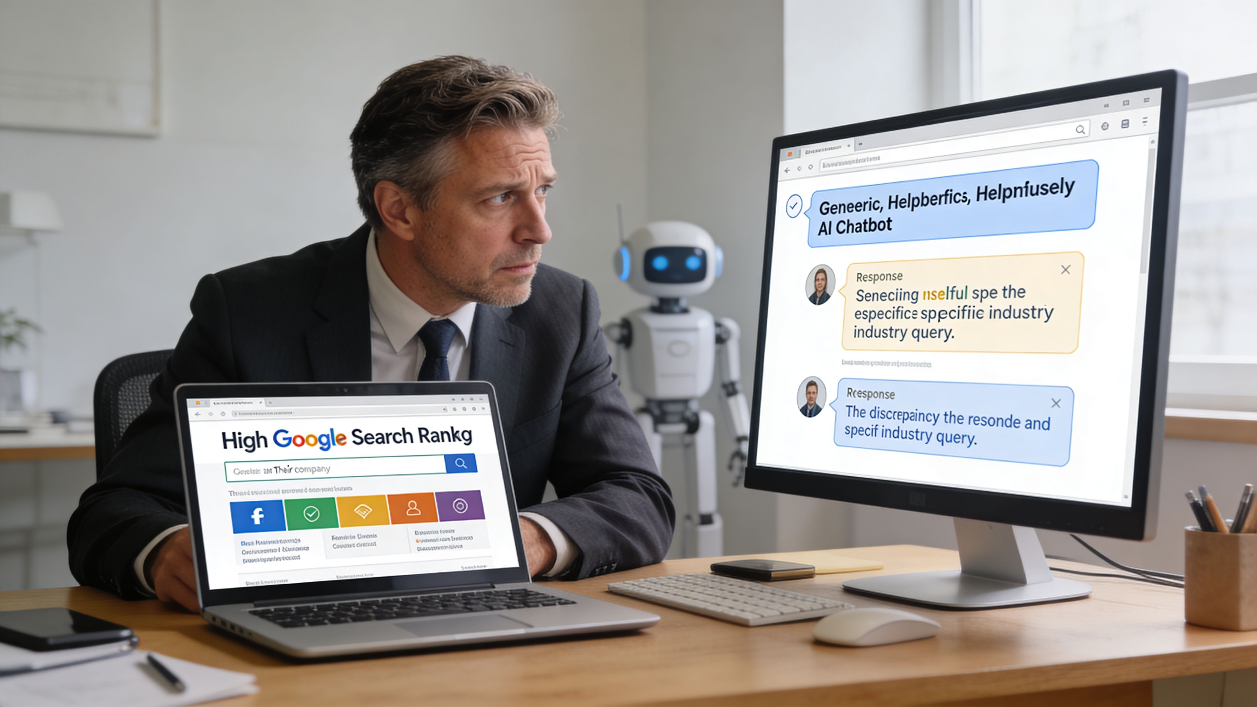 Empresario sentado frente a un ordenador y portátil revisando estrategias de posicionamiento SEO y chatbots empresariales.