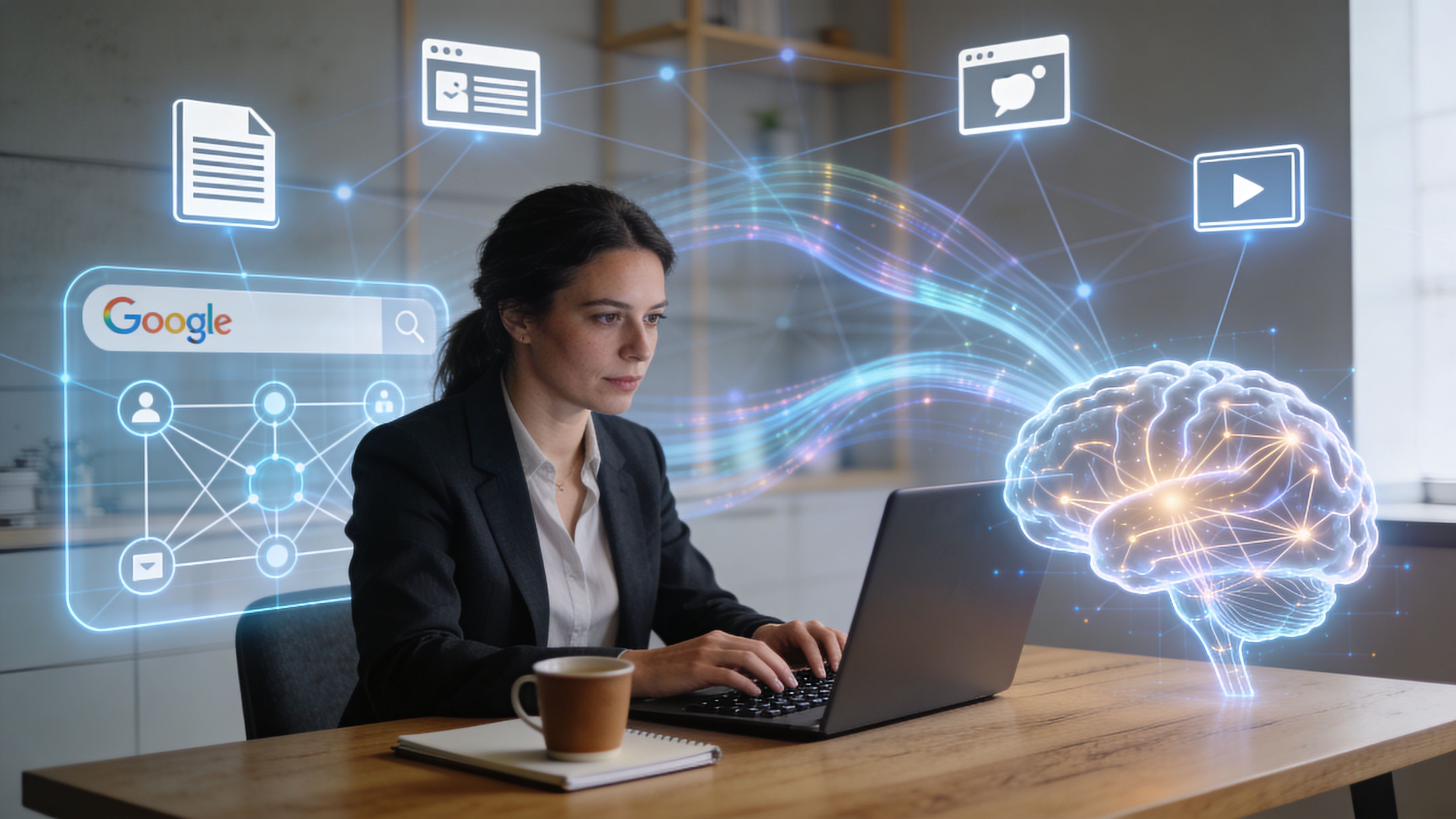 Una profesional trabajando en su portátil con representaciones digitales de inteligencia artificial, búsqueda y redes sociales conectadas.