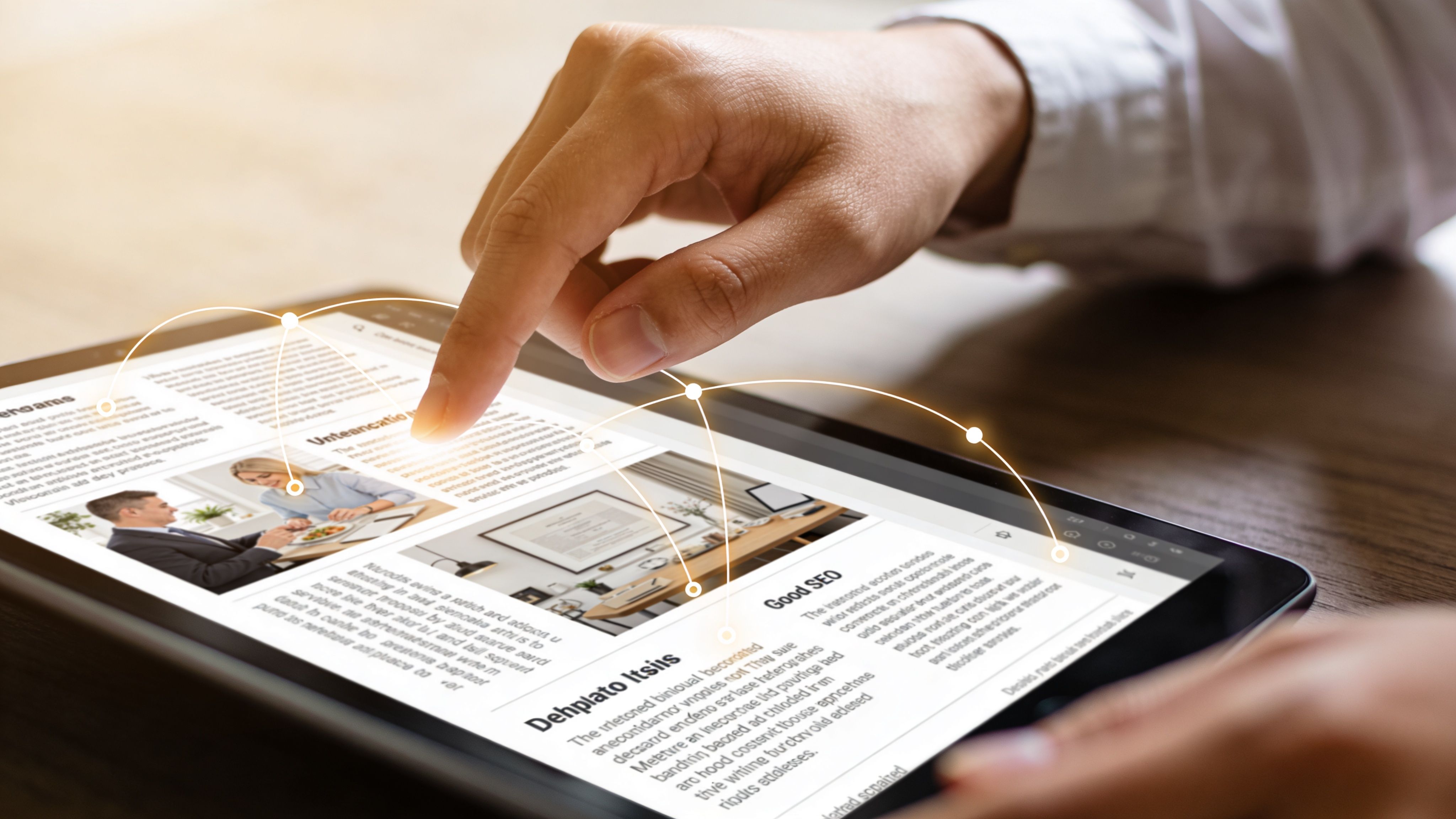 Persona usando un dedo para navegar por contenido digital en una tableta con un diseño moderno.