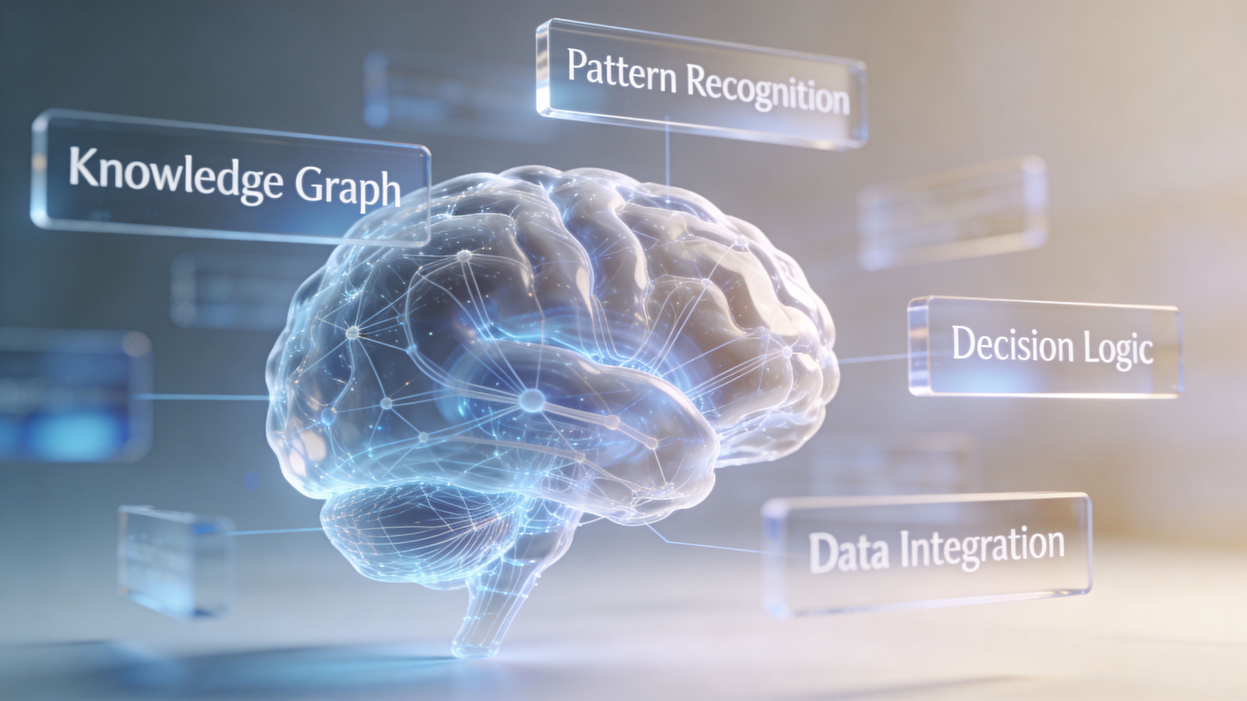 Representación gráfica de un cerebro humano conectado con nodos digitales sobre conceptos de tecnología e inteligencia artificial.
