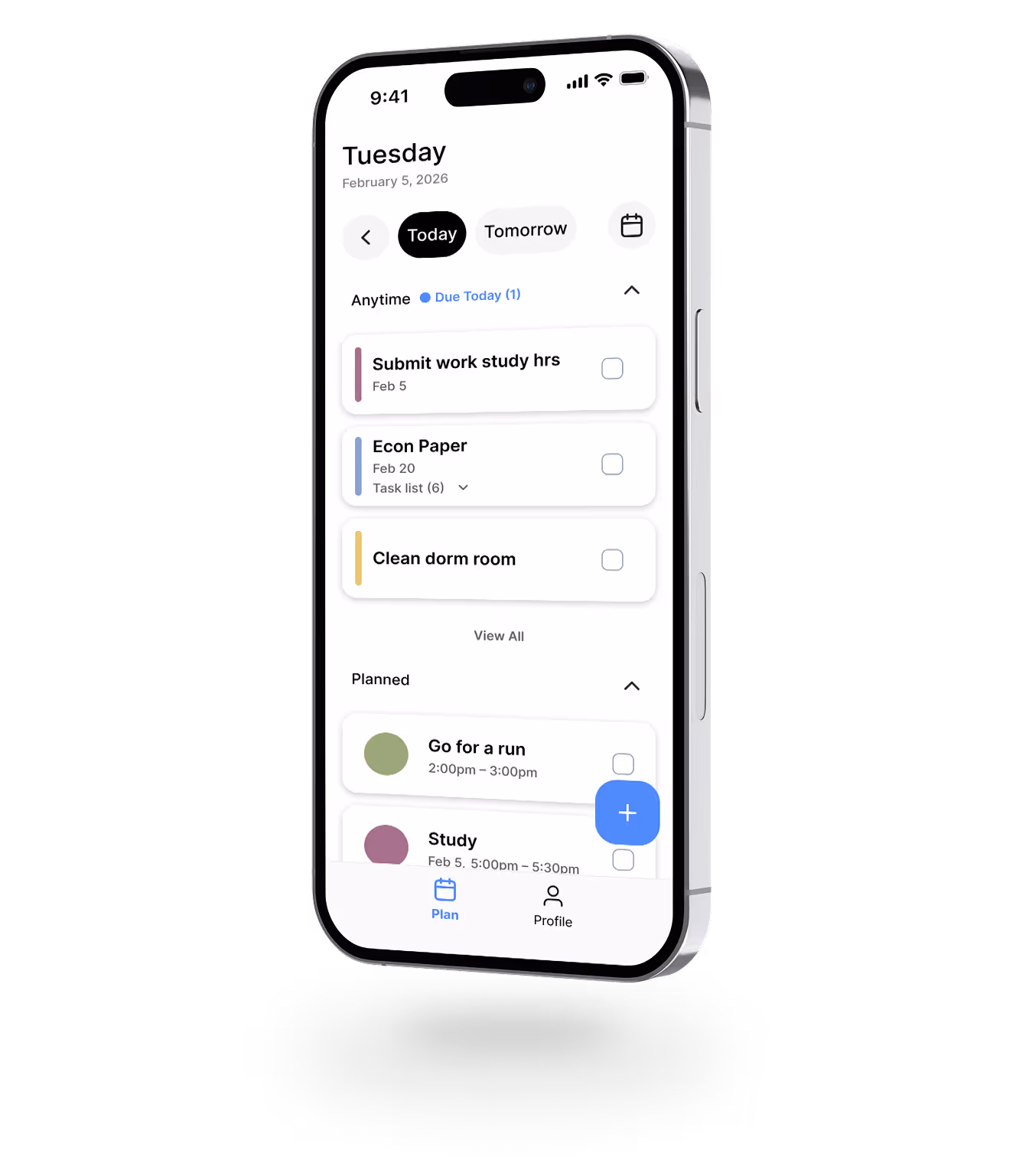 iPhone screen showing a task planning app with tasks for Tuesday, February 5, 2026, including Submit work study hrs, Econ Paper, Clean dorm room, Go for a run, and Study.