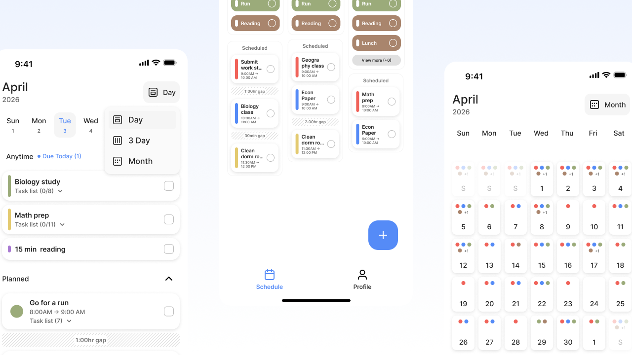 Mobile app interface showing April 2026 calendar with daily, 3-day, month views and task schedules.