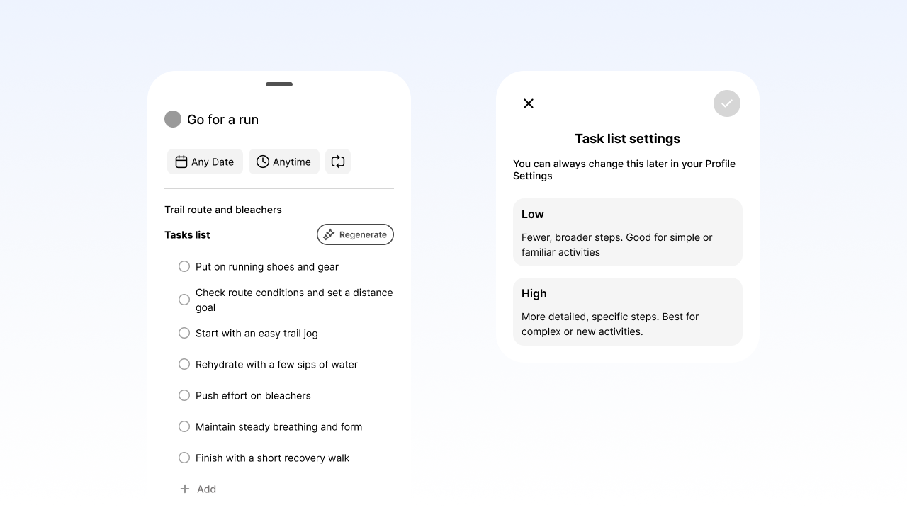 Mobile app screens showing a running task list with steps and task list settings for low or high detail.