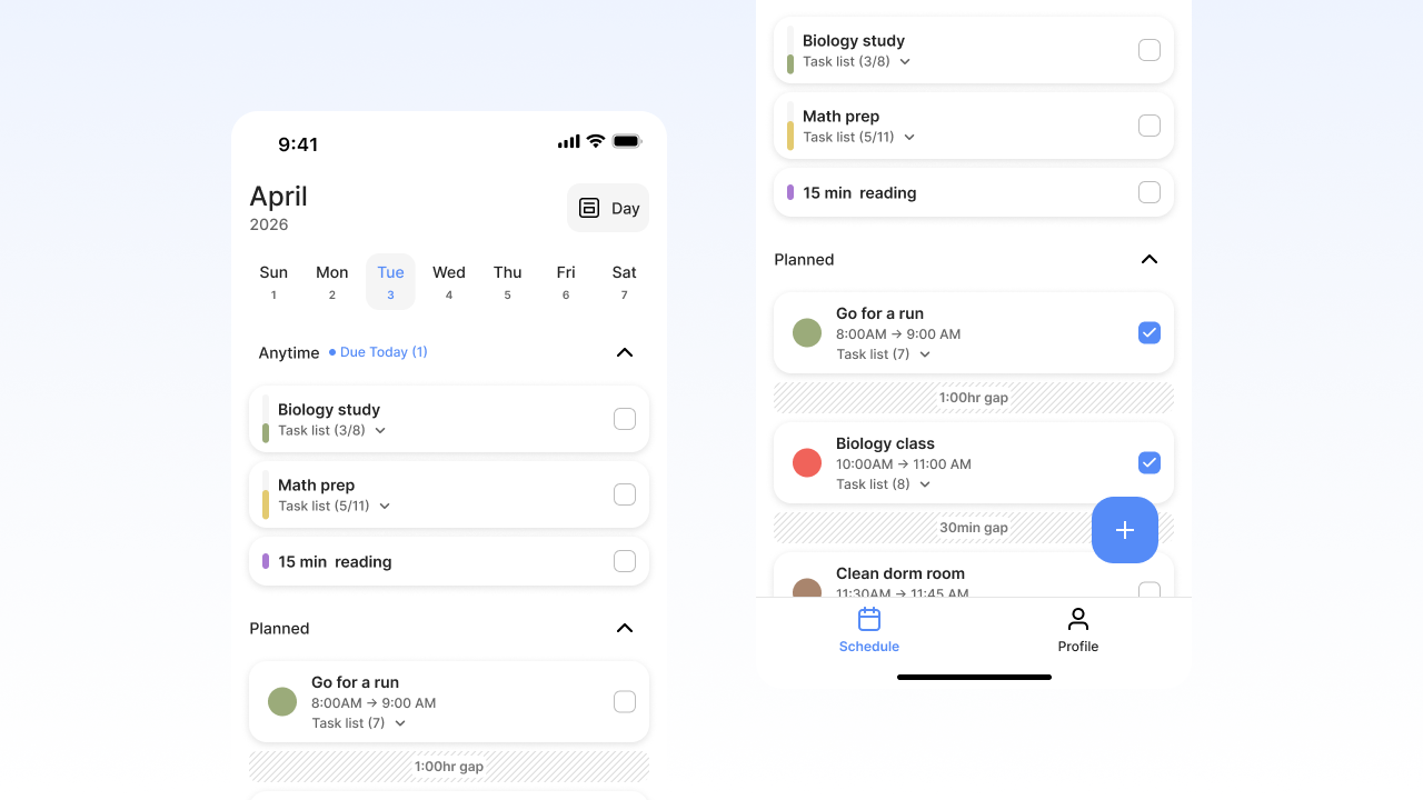 Mobile app interface showing April 2026 calendar with tasks like biology study, math prep, running, and cleaning scheduled.