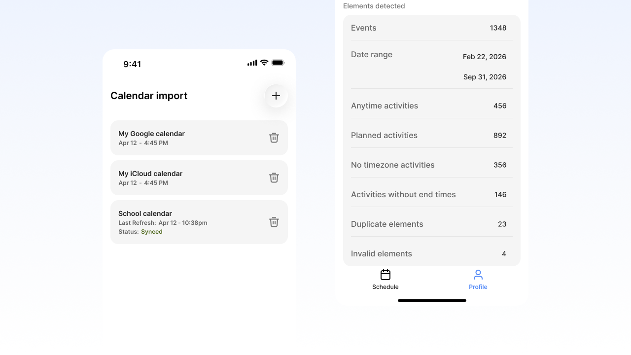 Mobile screen showing calendar import with Google, iCloud, and school calendars and event stats summary.