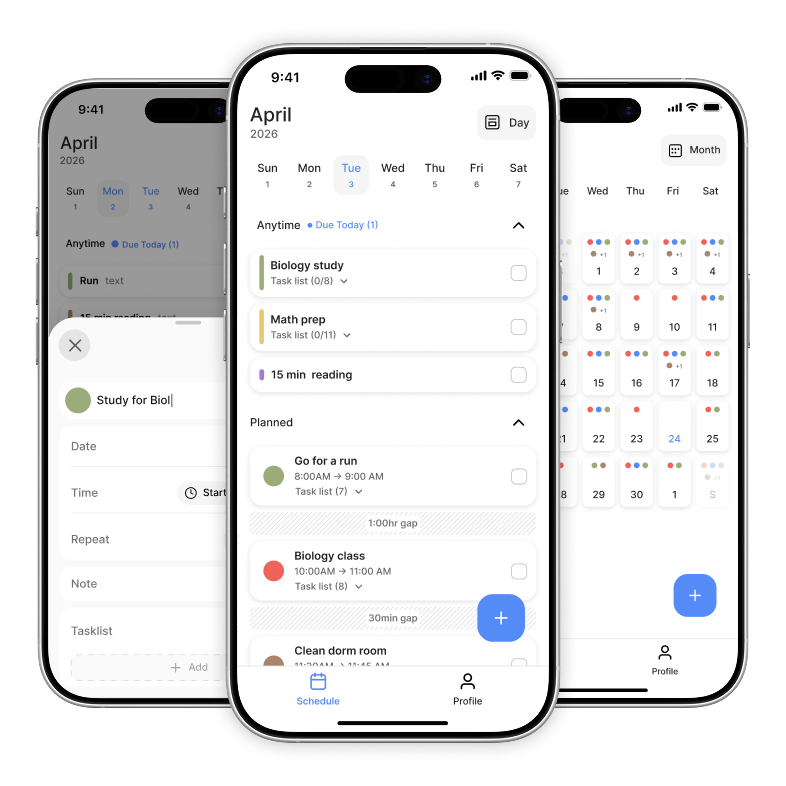 iPhone screen showing a task planning app with tasks for Tuesday, February 5, 2026, including Submit work study hrs, Econ Paper, Clean dorm room, Go for a run, and Study.