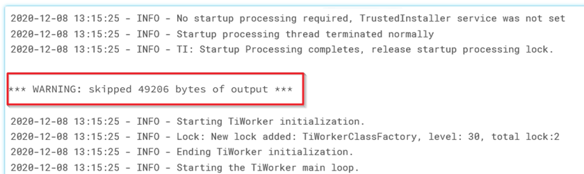 Example of a truncated output warning showing skipped 49206 bytes of output during a large ingestion job connecting to Planorama API and Salesforce API