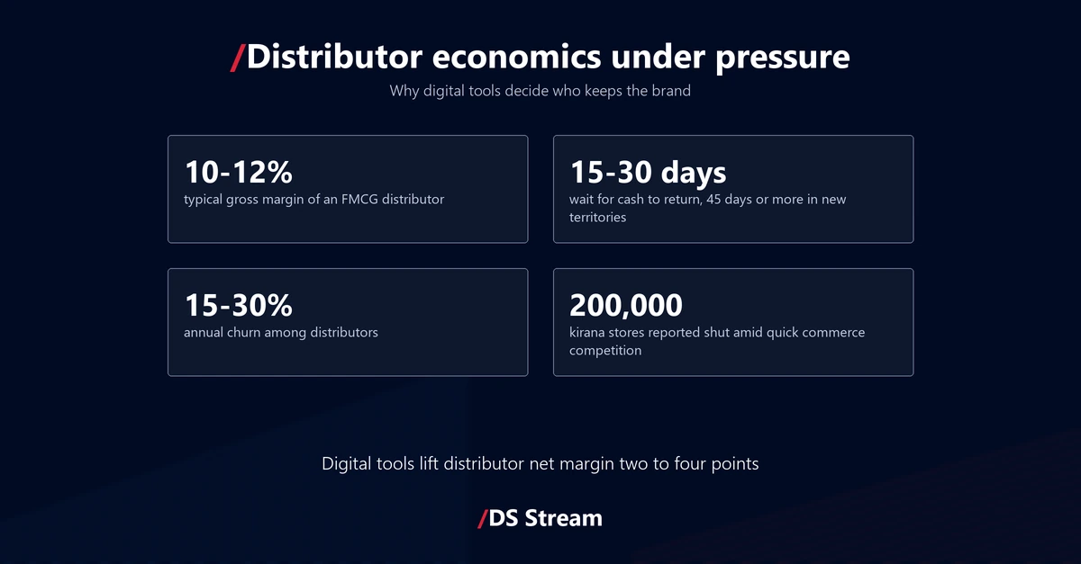 Stats: FMCG distributors work on a 10 to 12 percent gross margin, wait 15 to 30 days for cash, churn at 15 to 30 percent a year, and roughly 200,000 kirana stores are reported shut.