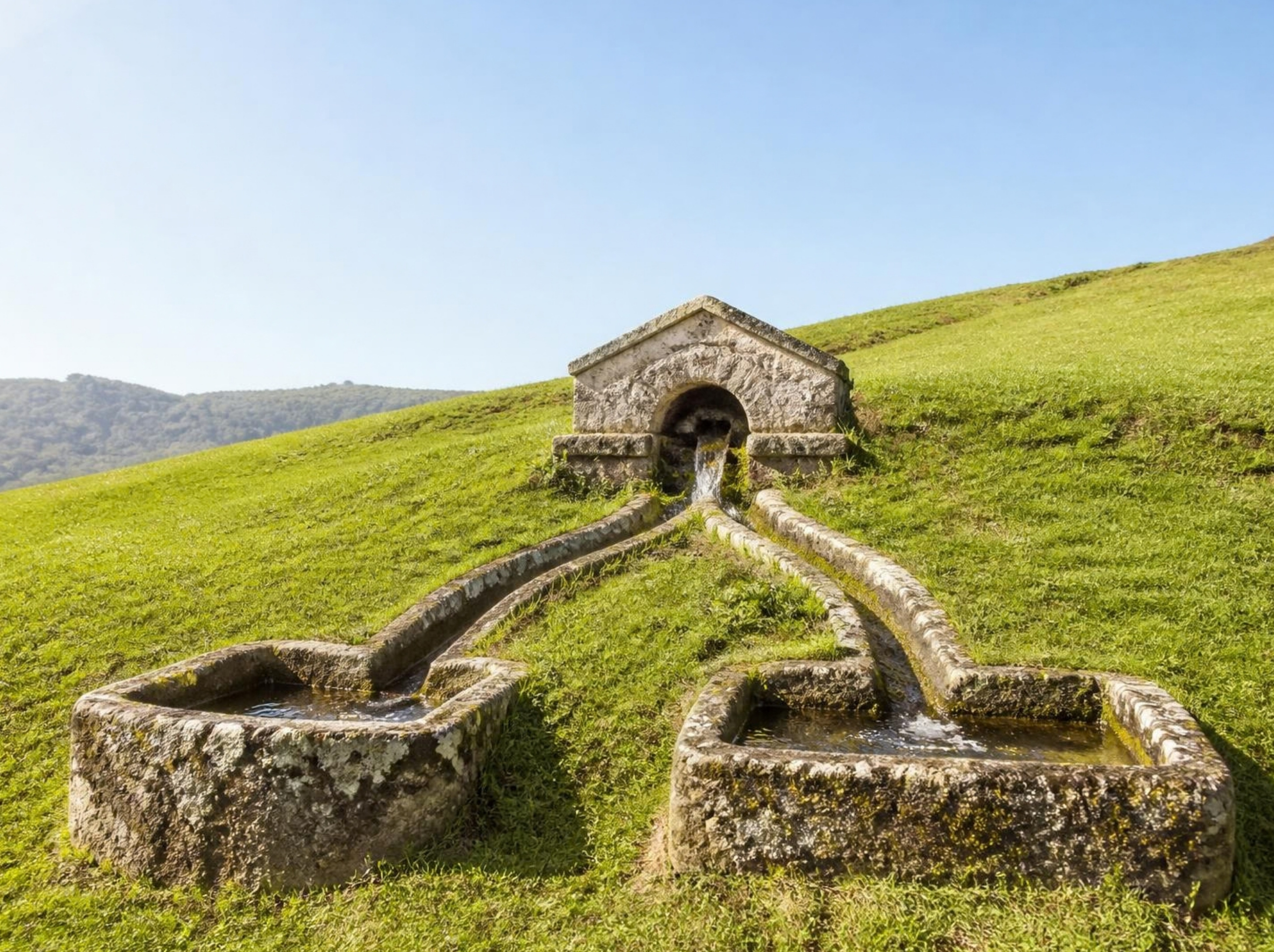 A single stone spring-head on a sunlit green hillside, with water running through carved stone channels into two separate basins.