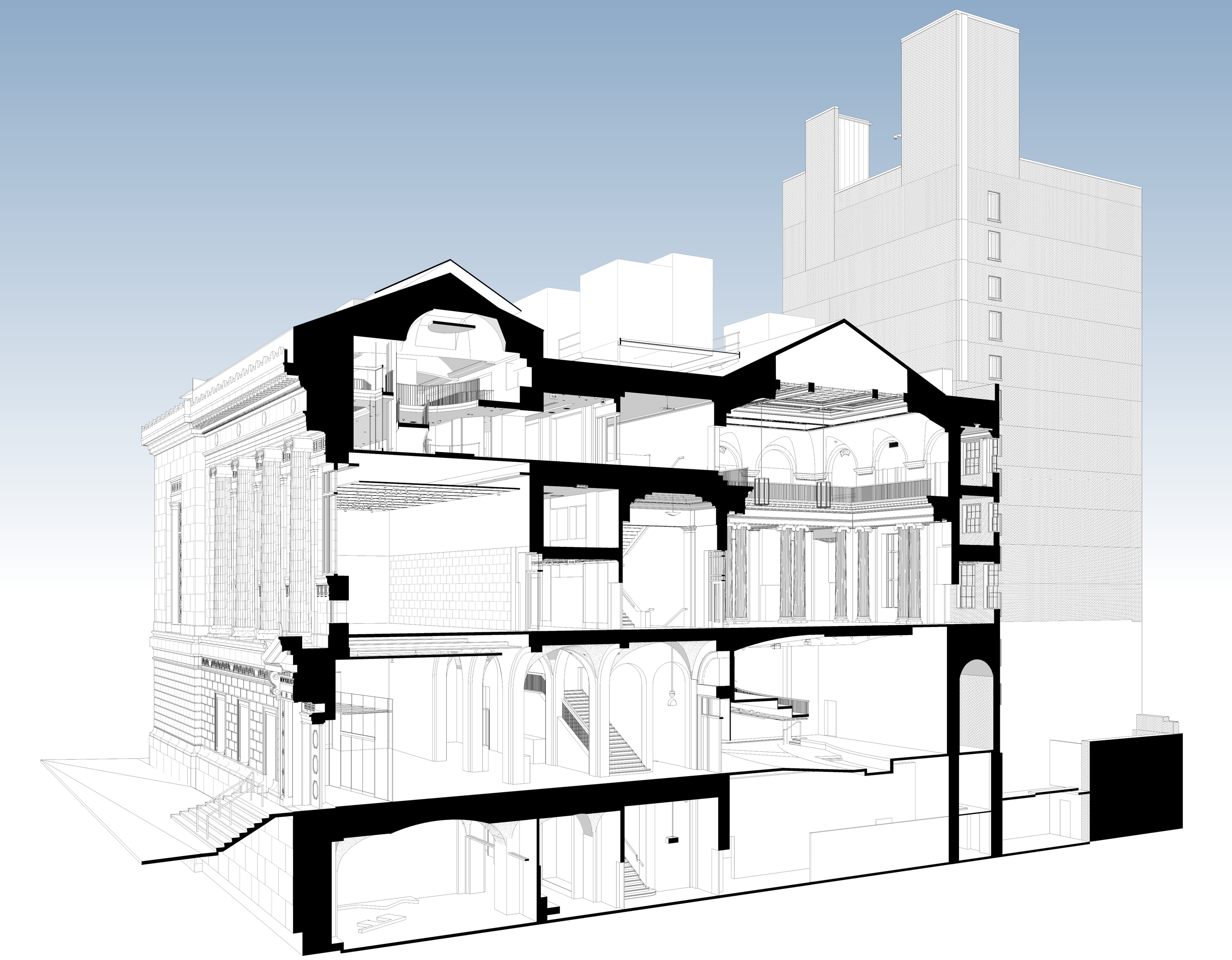 A drawing of a building featuring a prominent large window, showcasing architectural details and design elements.