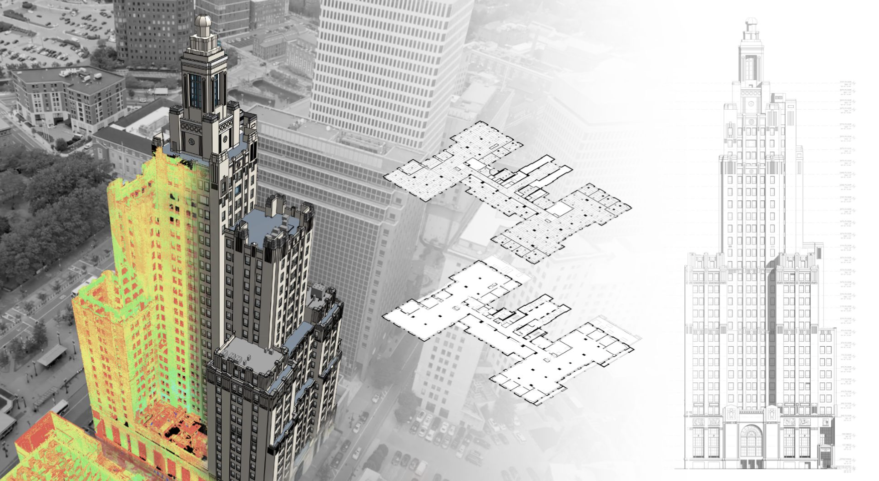 A thermal image drawing of a tall building, showcasing temperature variations across its structure.