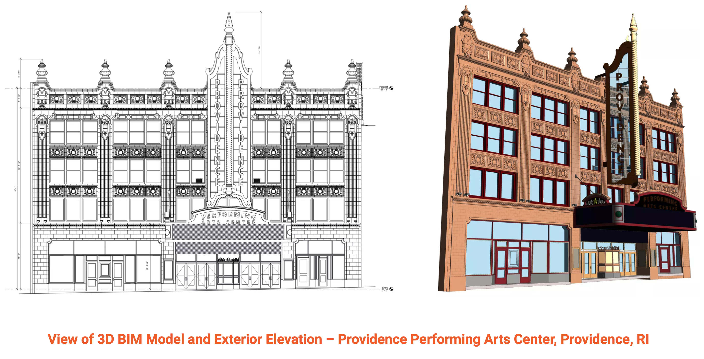 Front and back view of a building displaying the word "theatre" prominently on both sides.