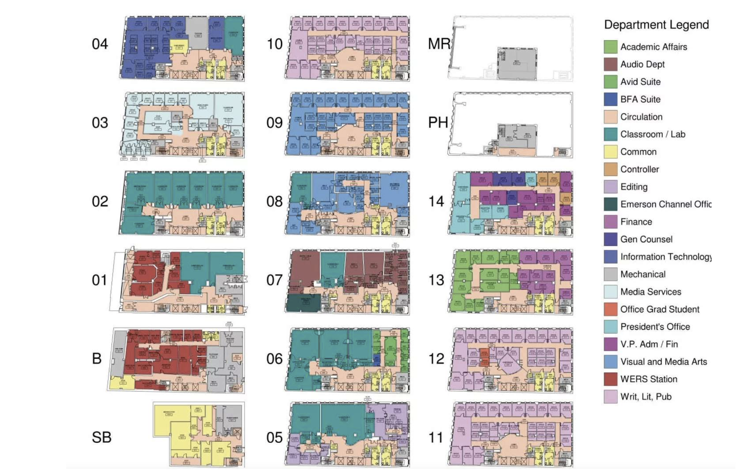 A detailed map illustrating various types of buildings and their locations within a designated area.