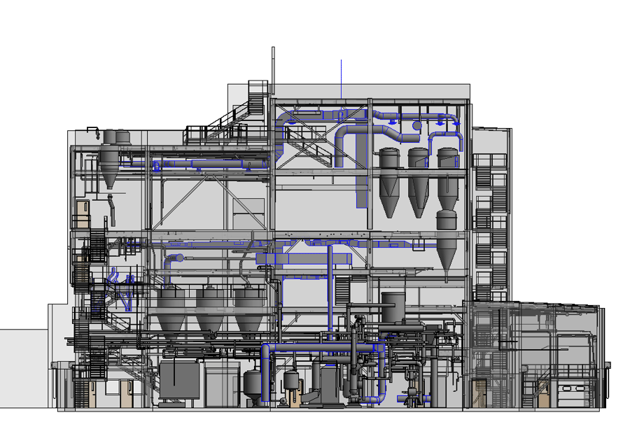 BIM model showing electrical equipment, mechanical ducting, plumbing mains, and key terminals within the building structure.