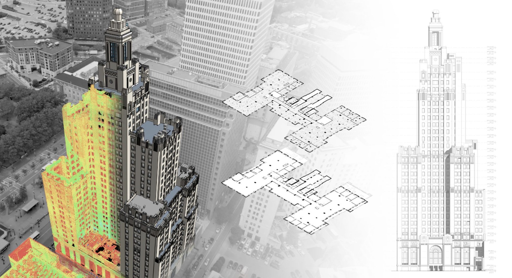 A thermal image drawing of a tall building, showcasing temperature variations across its structure.