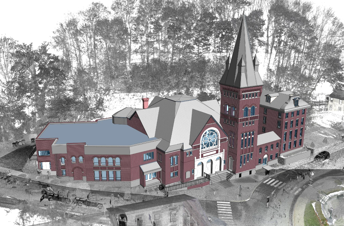 Laser scan data with building information model overlay of Central Baptist Church in Norwich, CT