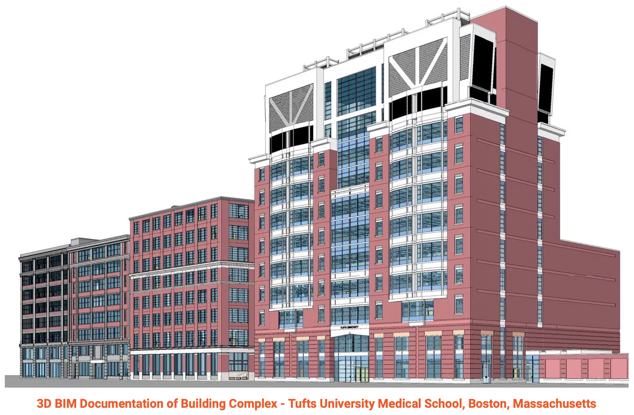 A modern architectural rendering of the new medical school building showcasing its innovative design and structure.