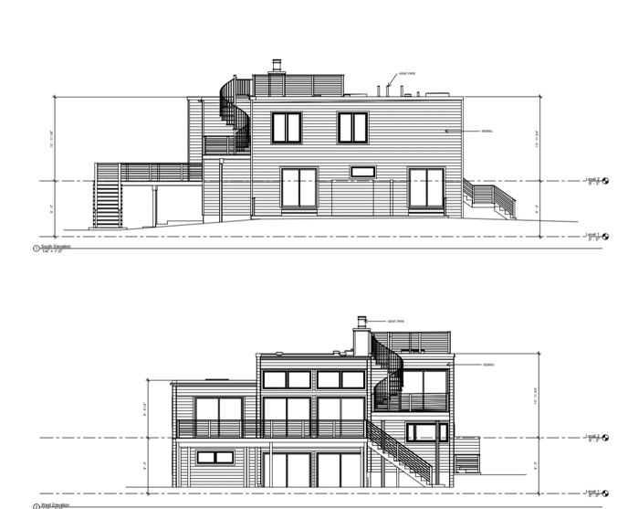  Two drawings of a house featuring a staircase and stairs, showcasing architectural design and structure.