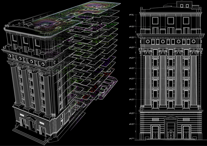 Architectural drawing showcasing a tall building with detailed lines and dimensions, illustrating its design and structure.