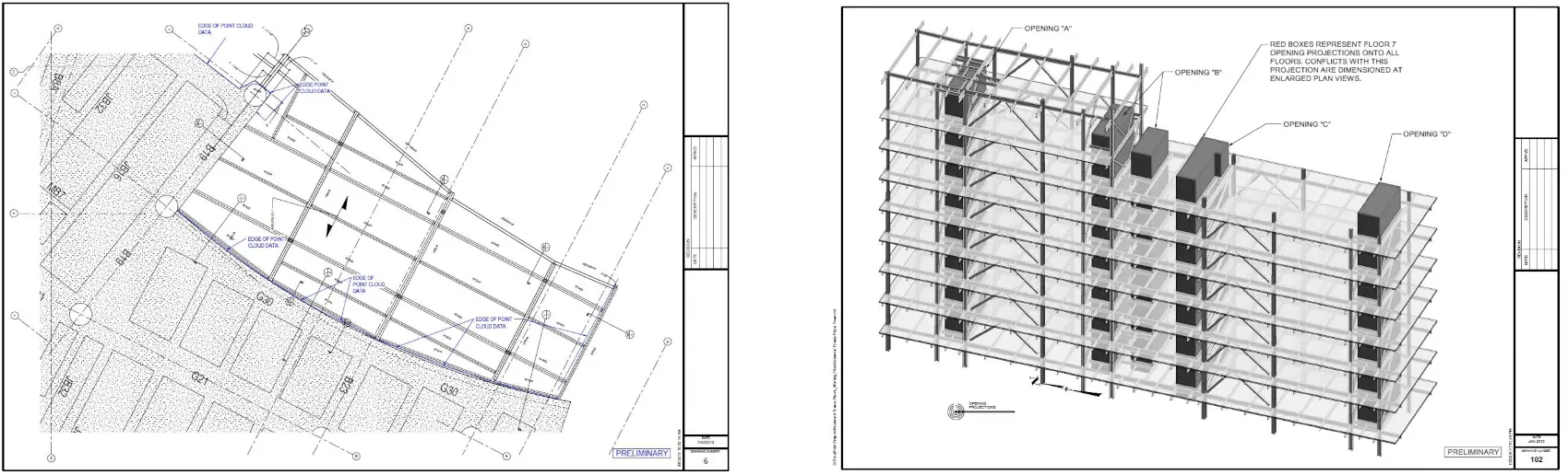 Architectural floor plan and 3D view of a building with labeled openings and red boxes marking floor 7 interactions.