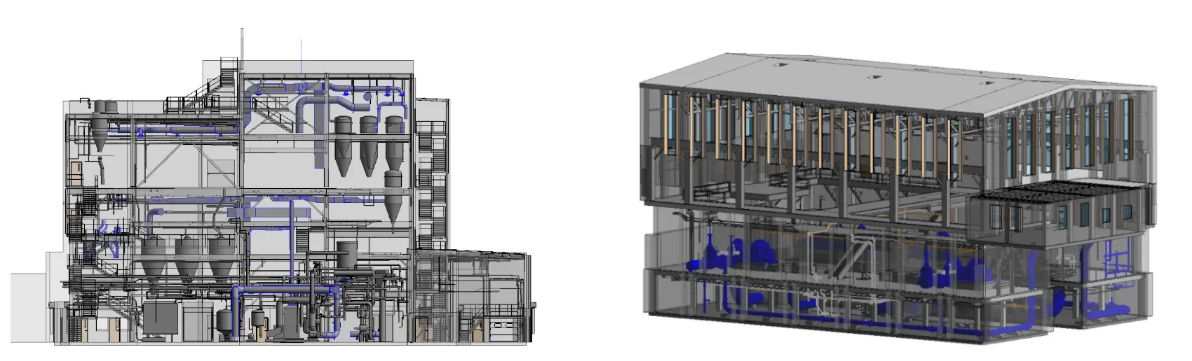 Cross-section and 3D model of an industrial building showing internal systems like pipes and machinery.