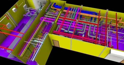 3D model of a building's mechanical, electrical, and plumbing (MEP) systems, showing color-coded pipes and conduits.