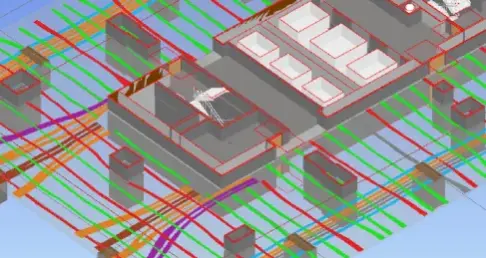 3D BIM model of a building structure with multiple rooms, vertical columns, and horizontal beams.
