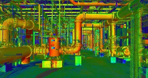 Point cloud visualization of a complex industrial facility, showing interconnected pipes, valves, and machinery in various colors: yellow, green, blue, and red