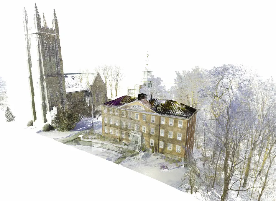 Aerial view of a 3D point cloud in color, showing Griffin Hall at Williams College.r