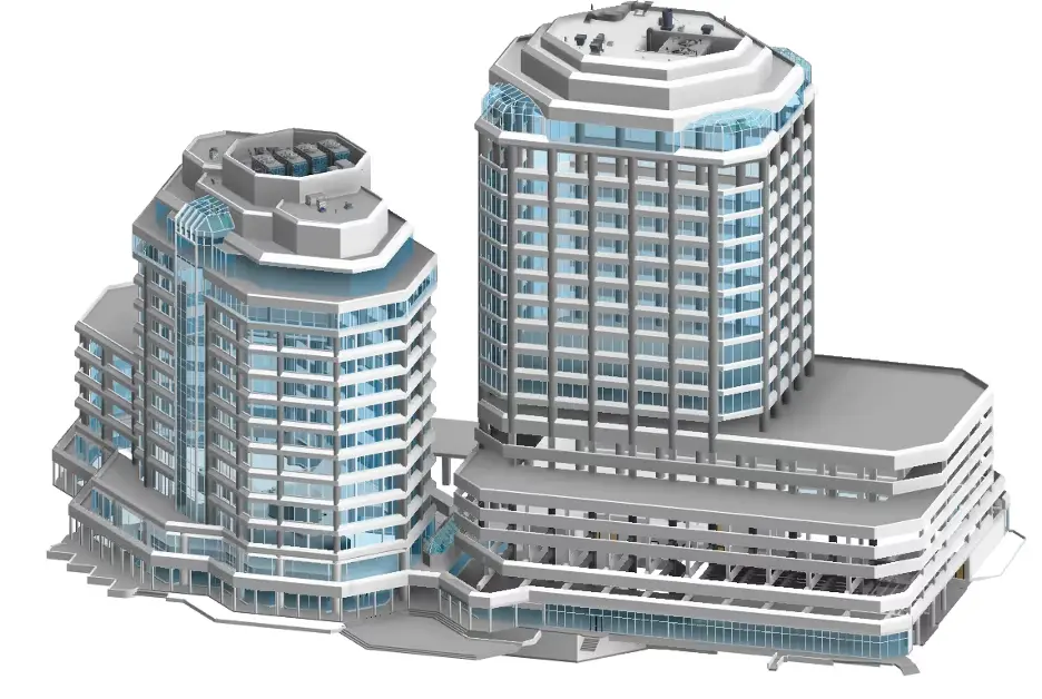 3D BIM model of a modern multi-story building complex with two main towers connected by a lower structure.
