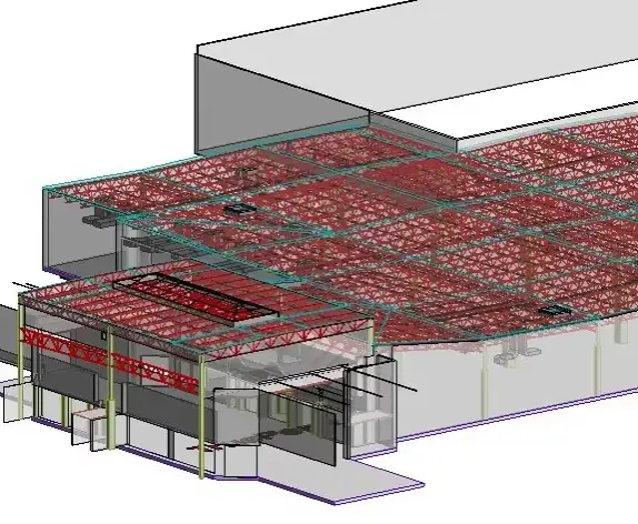 3D BIM model of a building structure with a partially transparent exterior revealing internal components.
