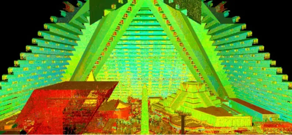 Colorized point cloud of a large, pyramid-like structure with multiple stepped levels, illuminated in green, yellow, and red.