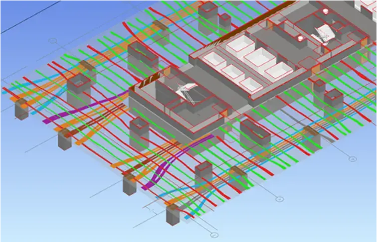 3D BIM model showing precise locations of concrete reinforcements, conduits, embedments, and the drape of post-tension cables.