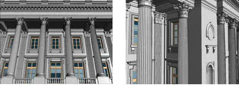 3D BIM model of a classical building with Corinthian columns, decorative windows, and ornate detailing.