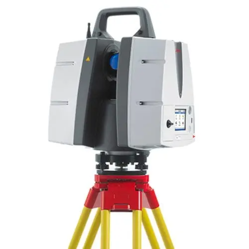 Leica P-Series ScanStation laser scanner mounted on a yellow tripod, featuring a grey and black body with a top handle.