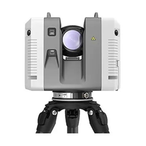 Leica RTC360 3D laser scanner mounted on a tripod, featuring a central lens and multiple control buttons and indicators on its body.