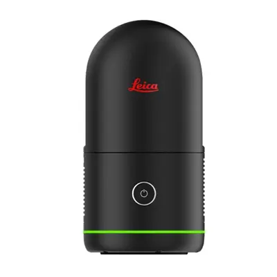Black cylindrical Leica BLK 360 with a rounded top, featuring a red Leica logo, a power button symbol on the front, and a green light strip near the base.