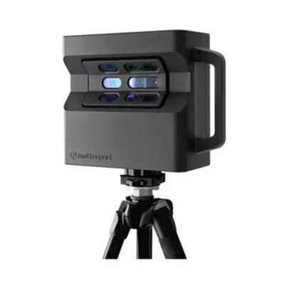Matterport Pro2 mounted on a tripod, featuring a rectangular body with rounded edges, multiple front-facing lenses and sensors, a right-side handle, and the 'Matterport' logo on the lower part of the device.