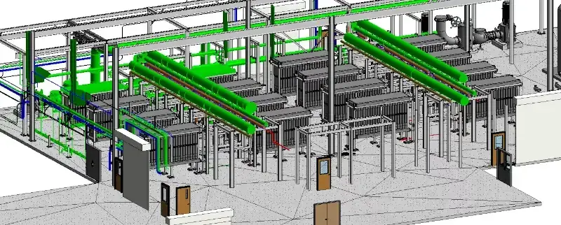 3D BIM model of an industrial facility with rows of equipment, overhead green pipe runs, structural support beams, and visible doors and control panels.