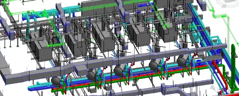 3D BIM model of a complex piping and instrumentation diagram (P&ID) for an industrial facility, featuring color-coded pipes, valves, tanks, and structural elements.