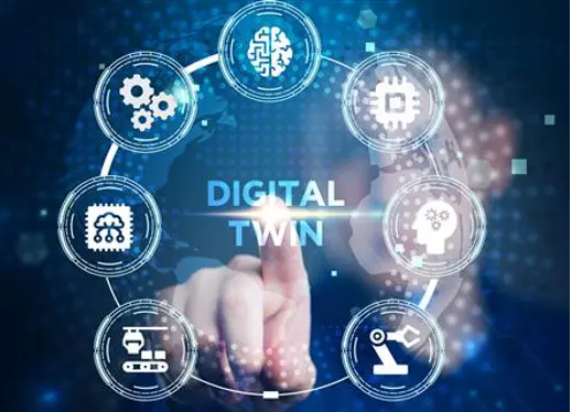 A human hand tapping the words “DIGITAL TWIN” on a transparent, futuristic screen with their pointer finger. The words “DIGITAL TWIN” is surrounded by seven circles with icons inside them, including a brain, three gears, three gears inside a silhouette of a human head and neck, a robotic arm, and a crane. 