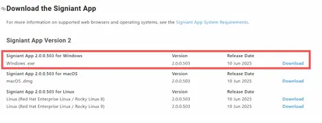 The webpage displays download options for Signiant App Version 2.0.0.503, offering links for Windows (.exe), macOS (.dmg), and Linux, along with version details and release dates.