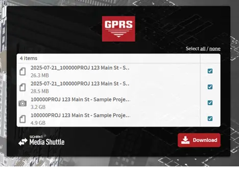 The Signiant Media Shuttle interface displays the GPRS logo and a list of four downloadable files.