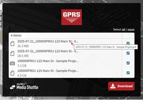 The Signiant Media Shuttle interface displays the GPRS logo and lists four downloadable files related to a sample project at 123 Main St.
