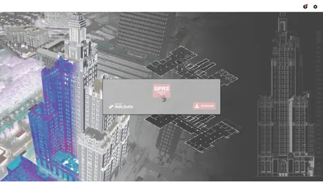 A digital cityscape rendering displays tall buildings with architectural blueprints in the background. A central pop-up window labeled 'GPRS' features two buttons: 'Media Shuttle' and 'Continue.