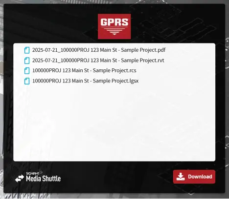 The GPRS file download interface displays four files available for download: a PDF, RVT, RCS, and LGSX, all related to a sample project at 123 Main St. The interface features a dark theme with the GPRS logo at the top center, 'Media Shuttle' text at the bottom left, and a red 'Download' button at the bottom right.